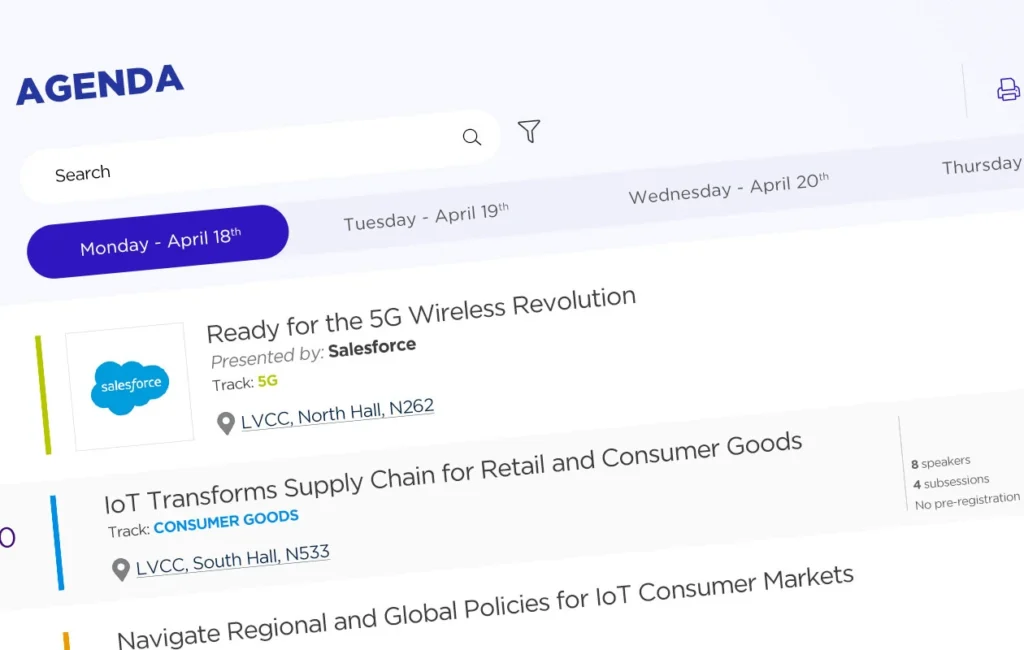 Visual representation of a trade show conference agenda, including session times, topics, and speakers