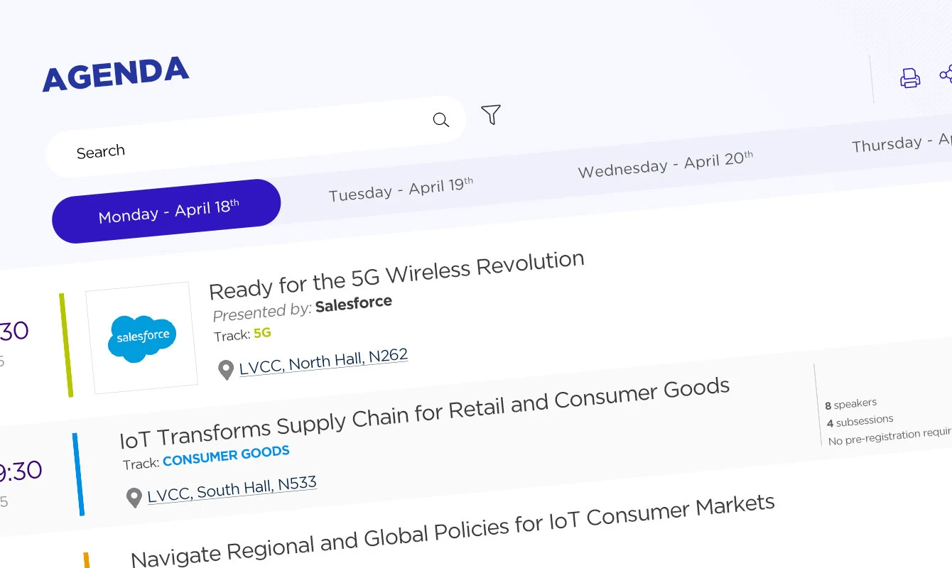 Visual representation of a trade show conference agenda, including session times, topics, and speakers