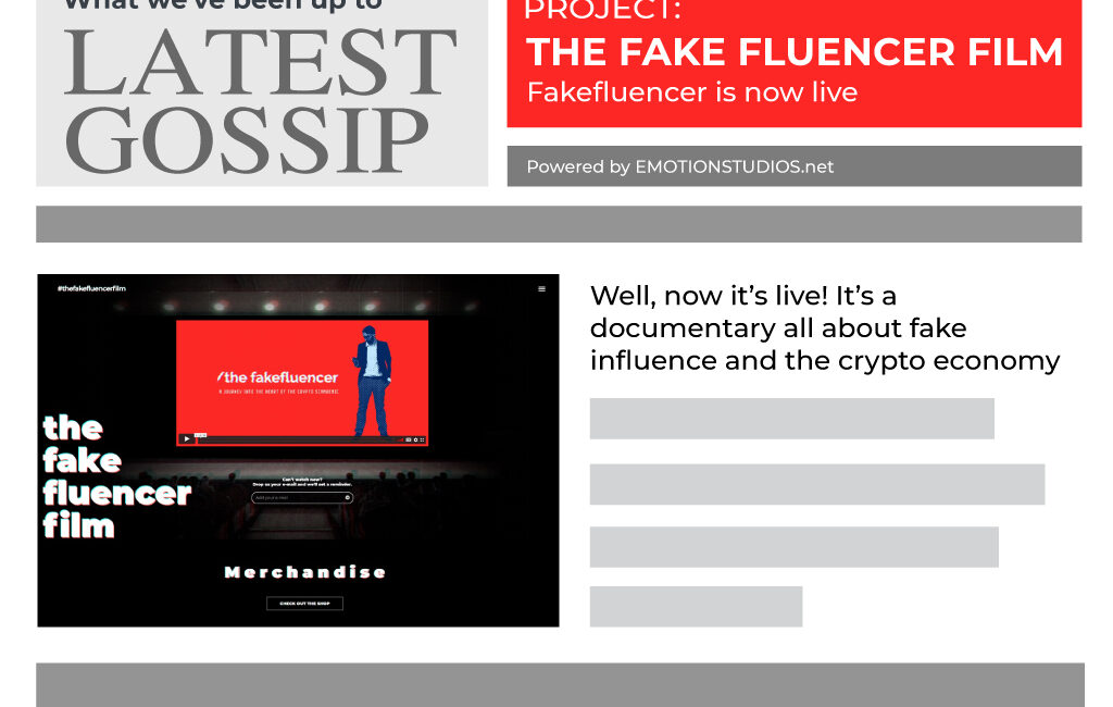 Collage of recent EMOTIONstudios updates including the Fakefluencer film launch, Comunic Magazine conferences, IIOT and AMMP.media partnerships, and the Alan Ghitis Association website.